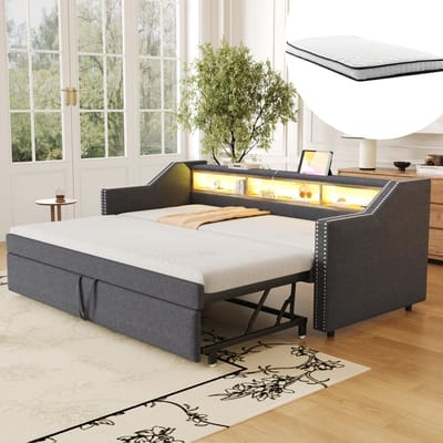 COVREO Uitrekbare bedbank met LED - 90/180x190 cm - Slaapbank van stof en MDF - voor logeerkamer - Donkergrijs - met matras