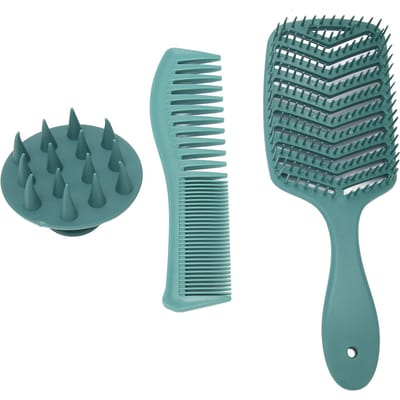Haarborstel Kam Set Siliconen Draagbare Ontwarborstel Haarkam Set voor Nat Droog Krullend Haar Groen blue