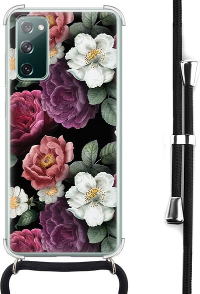 Hoesje met koord - Geschikt voor Samsung Galaxy S20 FE - Flowers - Verstelbaar zwart koord - Crossbody - Bloemen - Transparant, Multi - Leuke Telefoonhoesjes