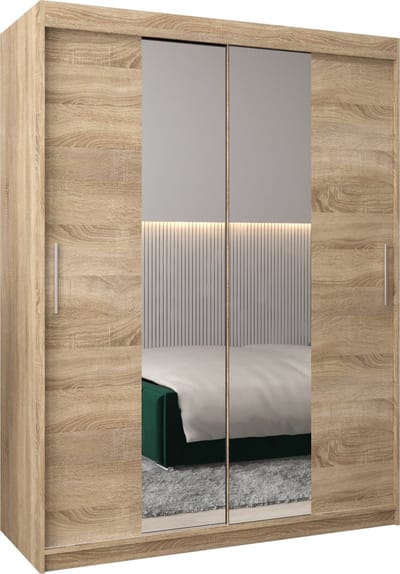 InspireMe - Kledingkast met 2 schuifdeuren, Modern-stijl, Kledingkast met planken (BxHxD): 150x200x62 - TORM I 150 Sonoma Eik met 2 lades