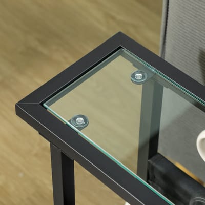 Wishdor smal bijzettafeltje voor woonkamer en slaapkamer met gehard glas, linnen opbergtas en zwart metalen frame, 40×18×55,5 cm