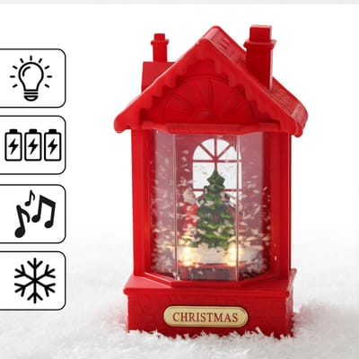 Rode KERST LED lantaarn, huisje, muziekdoosje met sneeuw 12x9x19,5cm