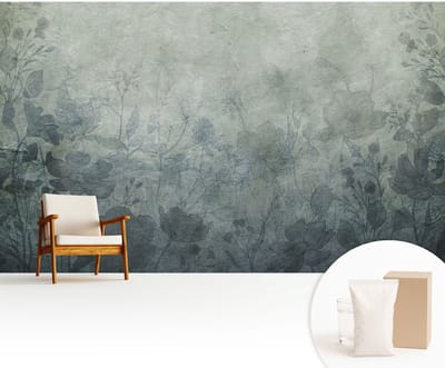 Wallfluent Behang - Plantaardige elegantie Vliesbehang - 416x254 cm - Grijs Behang - Voor liefhebbers van kunst en natuur - Behang Voor de slaapkamer, woonkamer en kantoor - Behangrol Bloemen en planten