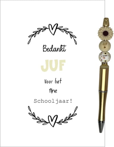 Kralenpen en kaartje JUF | GOUD | liefste juf | einde schooljaar | cadeau | topjuf | de liefste ben jij | juffen | cadeautje voor de juf