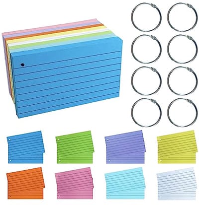 Indexkaarten 7 x 13 cm - 600 stuks gelijnde flashkaarten met ringen in 8 kleuren