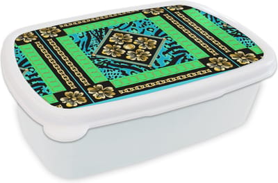 Broodtrommel Wit - Lunchbox - Brooddoos - Dierenprint - Bloemen - Ketting - Goud - Patroon - 18x12x6 cm - Volwassenen