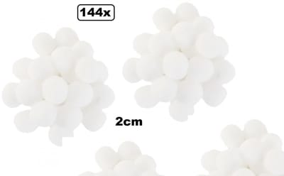 144x Pom Pom 2 cm wit - decoratie materiaal thema feest kleding accessoires