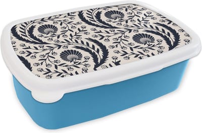 Broodtrommel Blauw - Lunchbox - Brooddoos - Patroon - Bloem - Zwart - 18x12x6 cm - Kinderen - Jongen