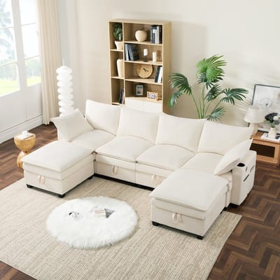 MODFU Modulaire Hoekbank - Met Opbergruimte En USB-Oplaadpoorten - Ribstof - Beige - 280 X 151 X 82 Cm