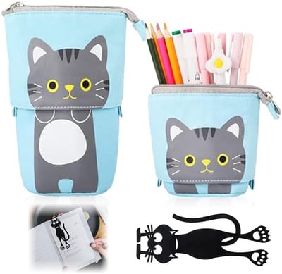 Dailygoody - Pennenetui - Kat Bladwijzer - Telescopisch Etui - Blauw - Grote Capaciteit - Make-up Muntzakje - Geschikt voor Schrijfwaren - Modern ontwerp