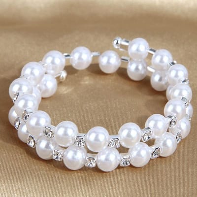 Parel Strass Vol Diamant Elastische Armband, Modieuze Parel Meerlaagse Wikkelende Spiraal Armband voor Vrouwen white