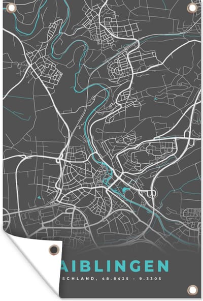 Muurdecoratie Duitsland – Blauw – Waiblingen – Stadskaart – Kaart – Plattegrond - 120x180 cm - Tuinposter - Tuindoek