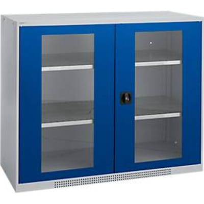 Schäfer Shop Genius dubbeldeurskast FS, staal, kijkvenster, ventilatiegaten, B 1343 x D 520 x H 1105 mm, 3 OH, witaluminium/ gentiaanblauw, tot 450 kg