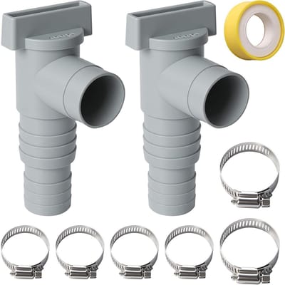 Afsluitkraan voor zwembad, 32 mm op 38 mm, set van 2 ventielen met slangklemmen, ideale zwembadaansluiting voor pomp en filterinstallatie, onderhoudsoplossing voor zwembadgebruik