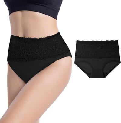 Dames Hoge Taille Slip van Microvezel met Kanten, Zacht en Ademend, Zwart, Perfect voor Comfort en Stijl