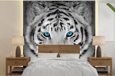 Behang - Fotobehang Dieren - Tijger - Ogen - Blauw - Zwart wit - Breedte 350 cm x hoogte 350 cm