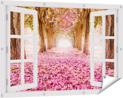 Gards Tuinposter Doorkijk Romantische Bomen Tunnel met Roze Anjers - 120x80 cm - Tuindoek - Tuindecoratie - Wanddecoratie buiten - Tuinschilderij