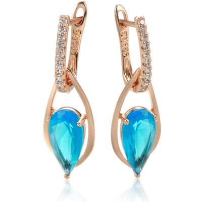Boucles d'oreilles pendantes longues en zircon naturel bleu de luxe pour femmes Mode Accessoires Goutte d'eau Or Rose Bijoux de mariage Quotidien beige