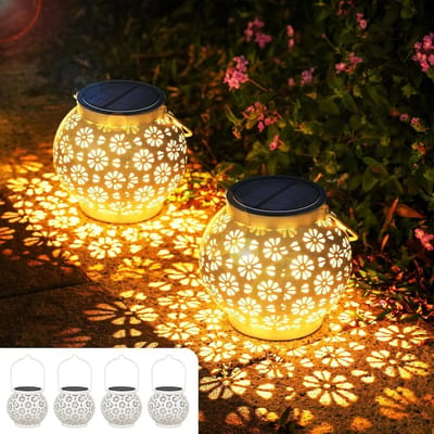 Set van 4 Weerbestendige Solar Lantaarns voor Buiten - Metalen Hanglampen voor Tuin, Terras en Balkon Decoratie