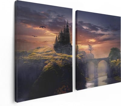 Artaza Canvas Schilderij Tweeluik Oud Kasteel op een Heuvel  - 120x80 - Foto Op Canvas - Canvas Print