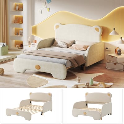 Sweiko Kinderbed in Beervorm, Gestoffeerd bed, Tweepersoonsbed, Dagbed, Uitschuifbaar bed, met zachte beschermende randen, met houten latten, fluweel, Beige (140x110cm&140x200cm)