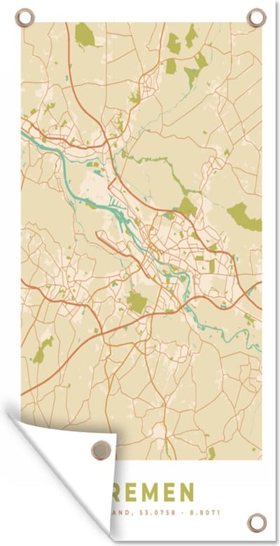 Schuttingposter Bremen - Kaart - Vintage - Stadskaart - Plattegrond - 100x200 cm - Tuindoek