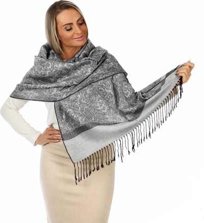 Pashmina Shine – Zilvergrijs Paisley Sjaal – Cashmere & Zijde – Luxe Dames Omslagdoek – Sjaal Heren-200×70 cm