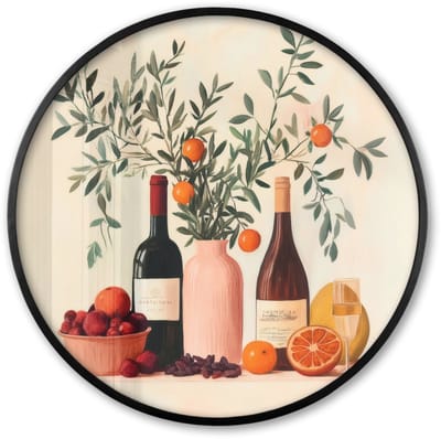 Poster in lijst Rond - Fotolijst 60x60 cm - Posters - Wijnflessen - Takken - Sinaasappels - Ronde posterlijst zwart - Decoratie - Wanddecoratie woonkamer - Muurdecoratie slaapkamer