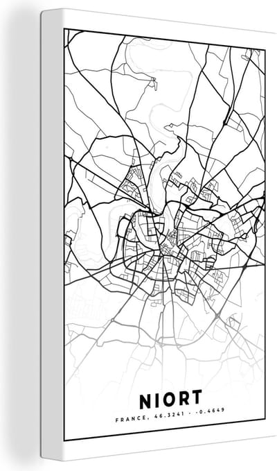 Canvas Schilderij Niort - Stadskaart - Plattegrond - Kaart - Frankrijk - Zwart wit - 20x30 cm - Wanddecoratie