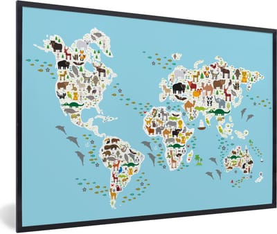 Poster in lijst voor kinderen - Schilderij kinderkamer - Wanddecoratie kinderen - Wereldkaart - Kinderen - Dieren - Blauw - Jongens - Meisjes - 90x60 cm