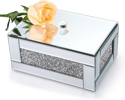 Elegante glazen sieradenbox met spiegel en crushed diamonds, opbergdoos voor oorbellen, ringen en accessoires voor slaapkamer en dressoir