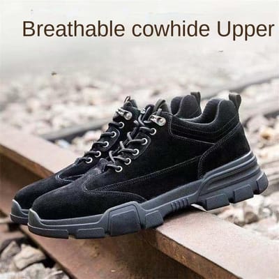 Chaussures de Travail Assurance Travail Embout Acier Anti-écrasement, Anti-perforation, Cuir de Vache Respirant Confortable Chaussures de Sécurité pour Chantier de Construction 46 noir