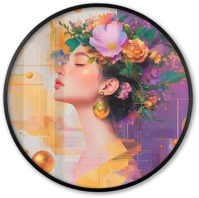 Poster in lijst Rond - Fotolijst 60x60 cm - Posters - Abstract - Vrouw - Bloemenkroon - Goud - Ronde posterlijst zwart - Decoratie - Wanddecoratie woonkamer - Muurdecoratie slaapkamer