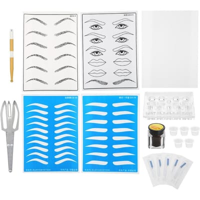 Kit Tatouage Sourcils Microblading Peau d'Entraînement Aiguille Pigment Bague Cupule Set Tatouage 4# blue