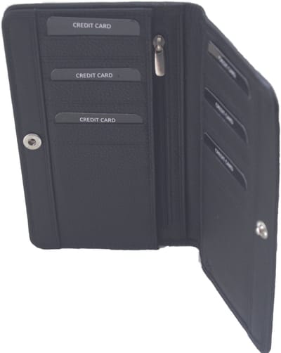 Oi zwarte leren platte portemonnee / portefeuille zonder zichtvakken met ruimte voor paspoort of autopapieren / dunne afsluitbare beurs of portefeuille voor veel pasjes / beveiligd tegen skimmen / zwart leer / 424