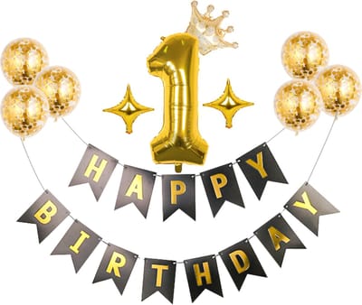 Verjaardag Slinger 1 jaar - 1 jaar feestslinger - Zwart en Goud met Ballonnen met confetti erin – Decoratie – Happy Birthday Slinger - 1 jaar versiering - Leeftijd - eerste verjaardag