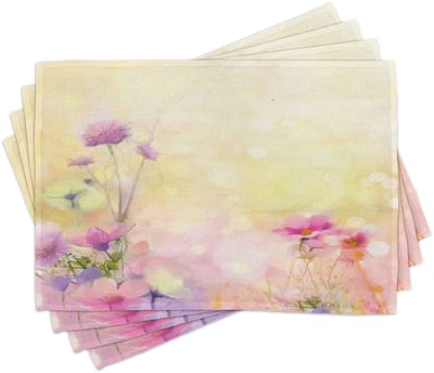 ABAKUHAUS Bloemen-placematten, vintage, zachte, kleurrijke magnolia-bloemen-spiraalmotief kunstprint, Tiscjdeco uit kleurvaste stoffen voor eetkamer en keuken, lichtgeel en roze