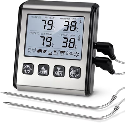 Thijox - Digitale Vleesthermometer met Dubbele Sonde, Grillthermometer tot 300 °C, Roestvrijstalen Sondes, LCD-scherm en Alarm, Perfect voor Barbecue,