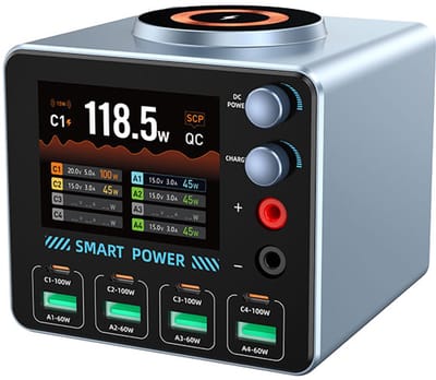 DrPhone VoltStation 100W – Desktop Oplaadstation met 2.8 inch IPS Display, 4x USB-C, 4x USB-A, 15W Draadloos Laden en DC-Voeding