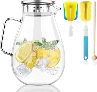 Kruik Glazen kan 20 liter koelkastkan 64 oz karaffen 304 Stanless stilstaande deksel met filter warm koud ijswater wijn koffie melk thee sap drank fles met roerstok en borstel - Duurzame glazen kan voor diverse dranken (2000ml)