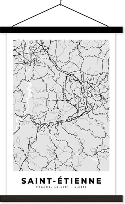 Posterhanger incl. Poster 40x60 cm - Schoolplaat - Frankrijk - Plattegrond - Kaart - Saint-Étienne - Stadskaart - Textielposter - Zwarte latten - Stadskaart