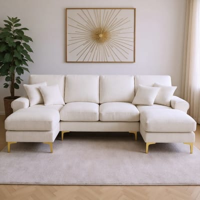 Gutent Sofa - Chenille stof - U-vormige bank met dubbele chaise longue - Beige