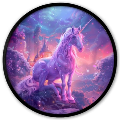 Poster in lijst Rond - Fotolijst 40x40 cm - Posters - Eenhoorn - Fantasy - Kasteel - Meisje - Paars - Roze - Ronde posterlijst zwart - Decoratie - Wanddecoratie woonkamer - Muurdecoratie slaapkamer