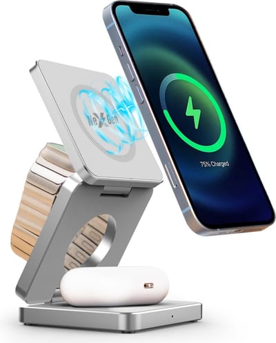 NexGen 3 in 1 Draadloze Oplader - 15W Snellader - Geschikt voor MagSafe - Apple Watch & AirPods Compatibel – Compatibel als iPhone Oplader / Oplader iPhone - Opvouwbaar Oplaadstation - Wireless Charger - Zilver