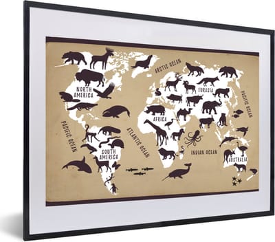 Poster in lijst - Fotolijst 60x40 cm - Posters - Wereldkaart - Dieren - Bruin - Posterlijst zwart - Decoratie - Wanddecoratie woonkamer - Muurdecoratie slaapkamer