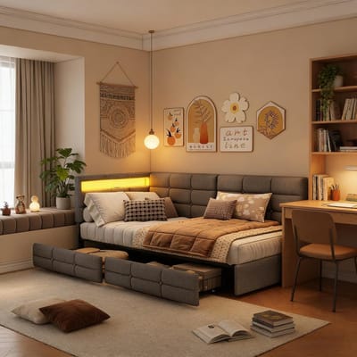 Slaapbank Eenpersoons - Dagbed Sofa - Woonkamer Slaapkamer - Met Lades USB - 90x200 cm - Grijs