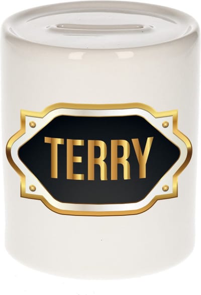 Spaarpot met voornaam Terry - wit - met goud/zwart embleem - 8 x 9 cm - keramiek - met afsluitdop - cadeau verjaardag
