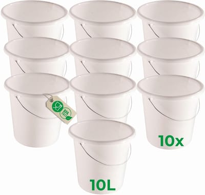 Novaliv 10 stuks emmer 10L wit met maatverdeling - schoonmaak emmer 10 liter? 28,5 cm Praktische alleskunner met schaalverdeling voor huishouden & tuin ideaal als huishoudemmer, wateremmer, dweilemmer, emmer