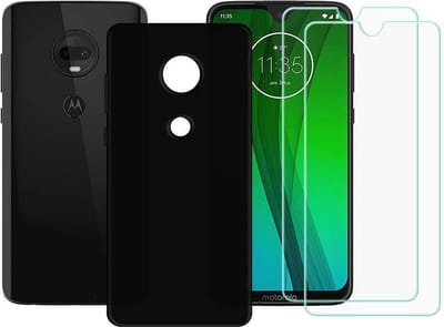 Hoesje Geschikt voor: Motorola Moto G7 Plus Zwart TPU Siliconen Soft Case + 2X Tempered Glass Screenprotector
