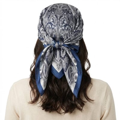 Satijnen bandana – luxe silky hoofddoek met blauw paisley motief – zachte haarbandana – elegante headscarf voor dames